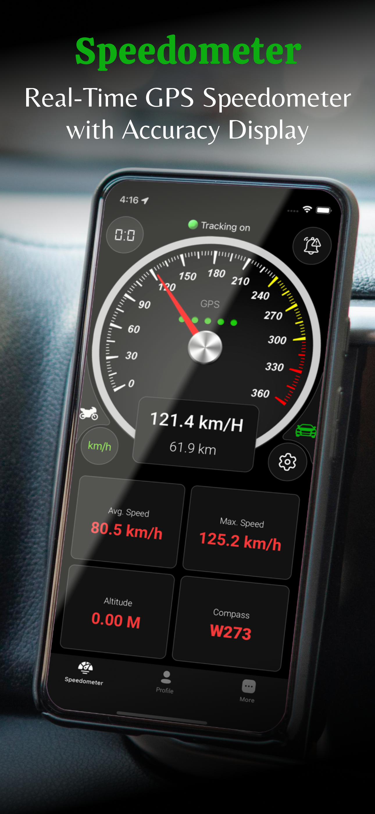 Speedometer: Smart GPS Tracker app showing the real-time GPS speedometer screen on a phone in a car