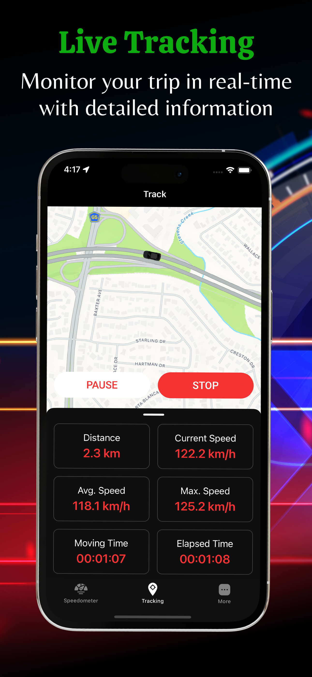 Live tracking screen with current speed and distance