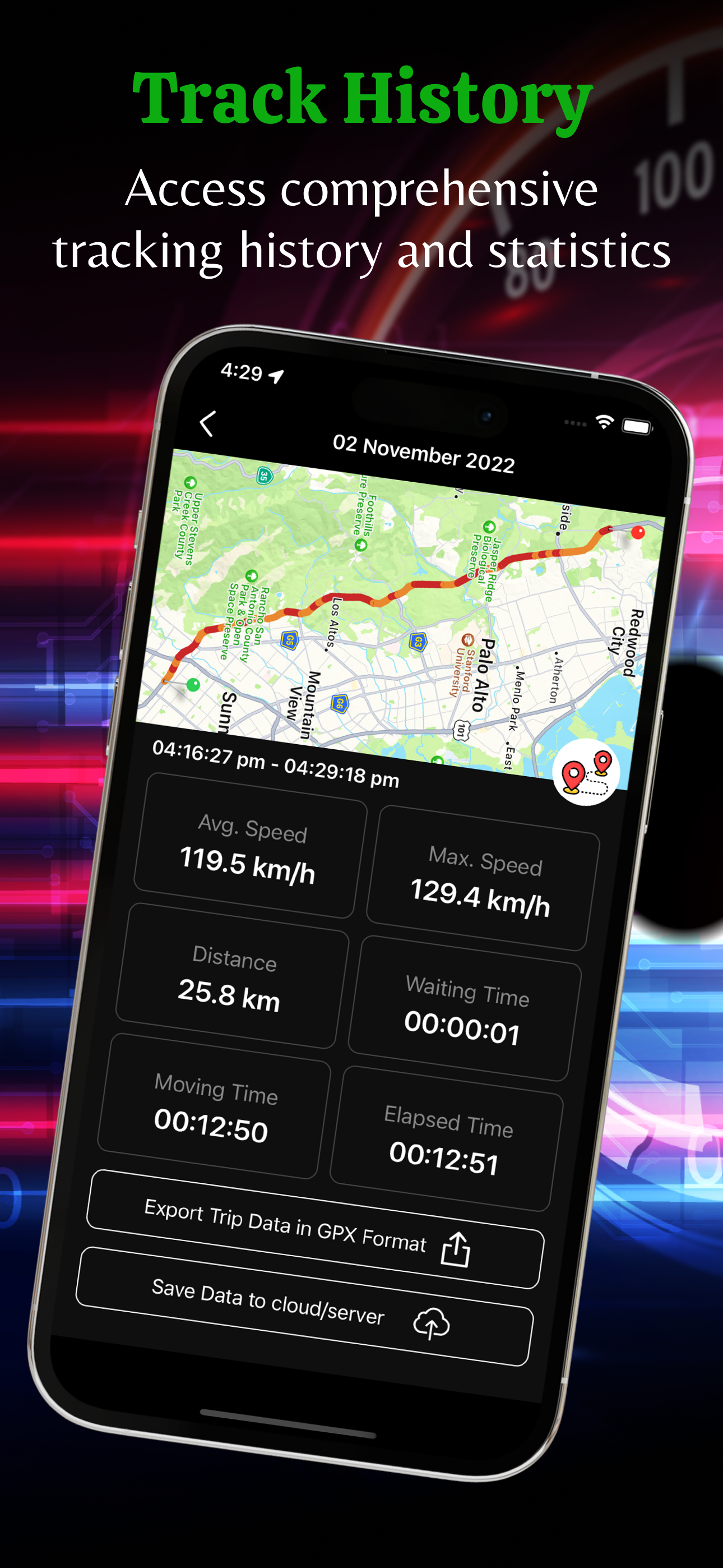 Trip history with route map and trip statistics
