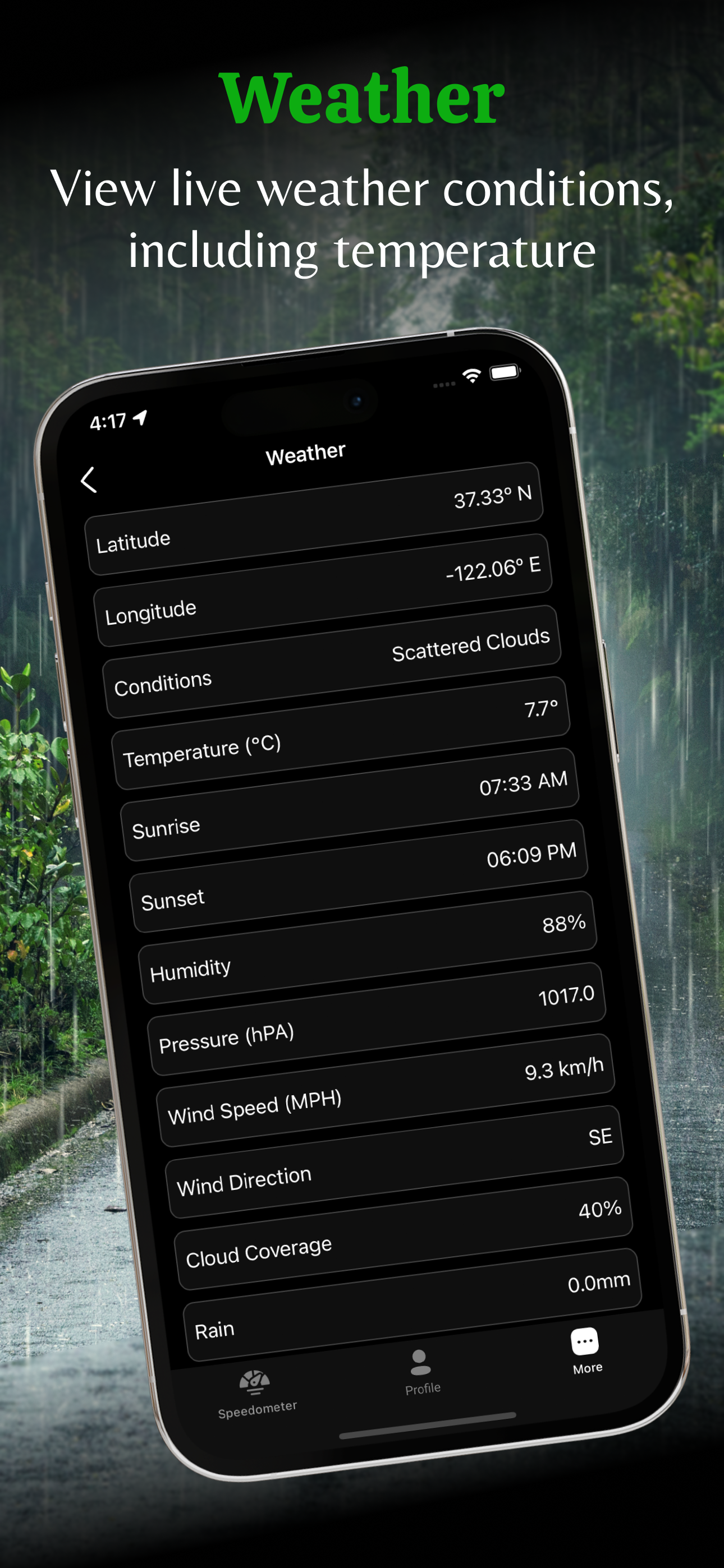 Weather screen with temperature, humidity, wind and pressure