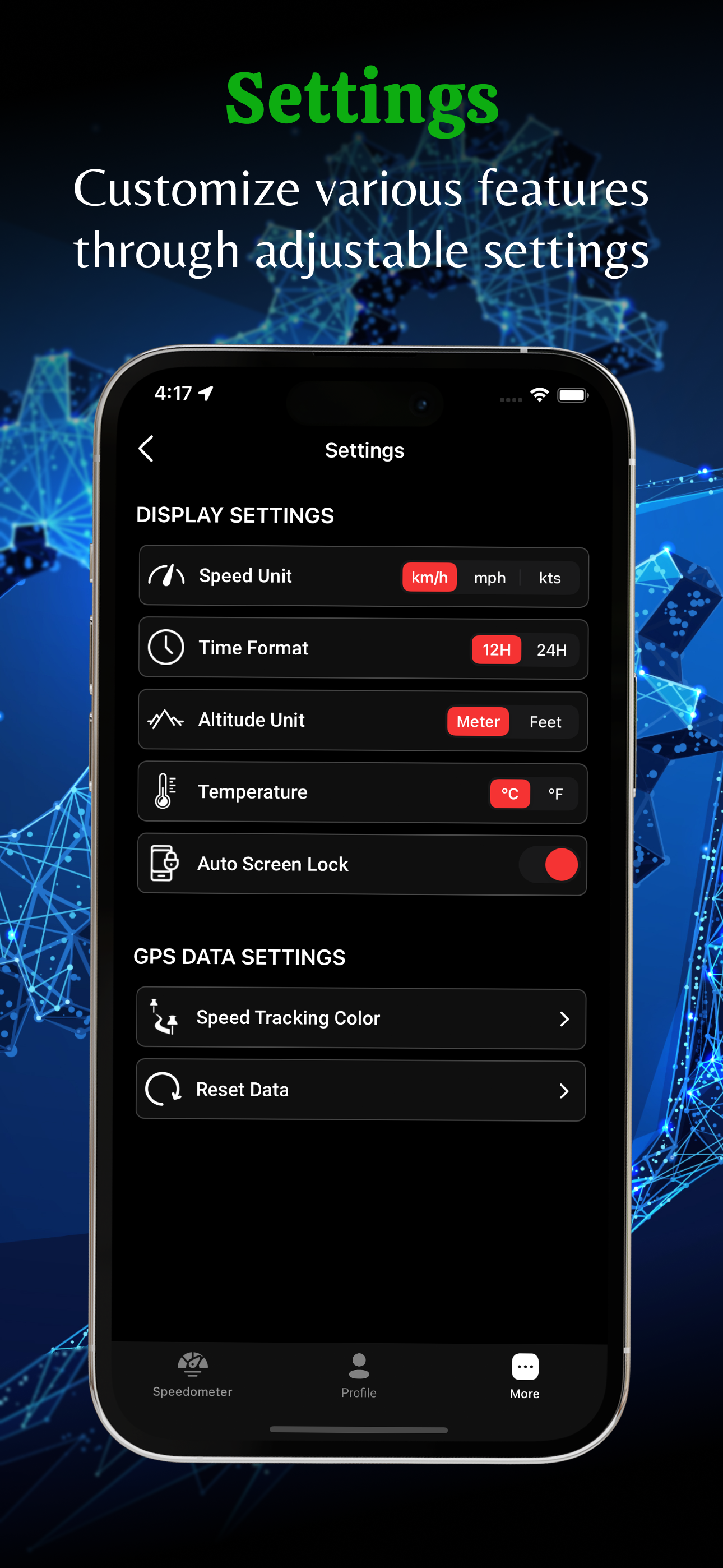 Customizable display and GPS settings
